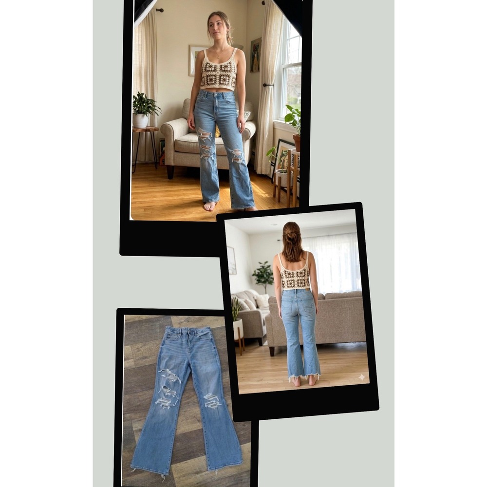 American Eagle Blue Distressed High Rise Flare Jean Women Boho Y2K Streetwear 12